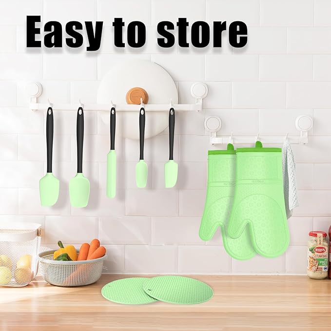 Oven Mitts with Heat-Resistant Hot Pads and Five Silicone Spatulas Designed for Kitchen Baking Cooking, Oven Glove Soft Cotton Lining, Waterproof, BPA-Free (Fluorescent Green, 12.6)