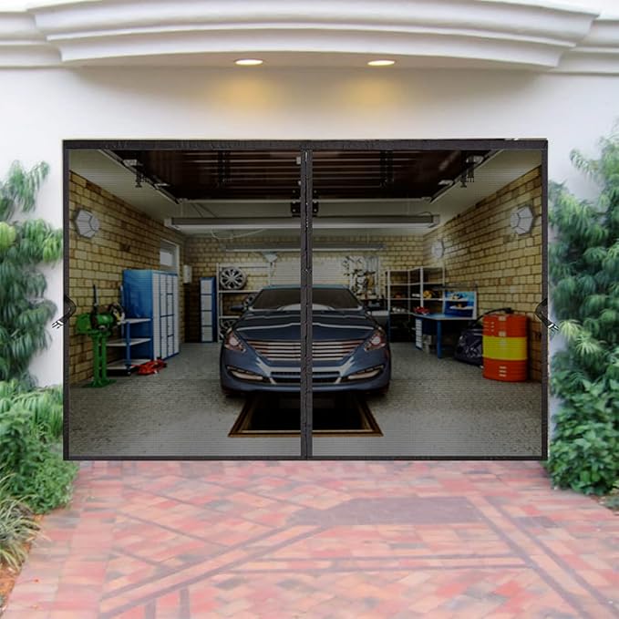 Retractable Garage Door Screen for 1 Car Garage 12x7 FT - Magnetic Fiberglass Mesh with Heavy Duty Weighted Bottom, Hands Free Design, Easy Assembly- Great for 12x7ft Patio, Sun Room, Gym