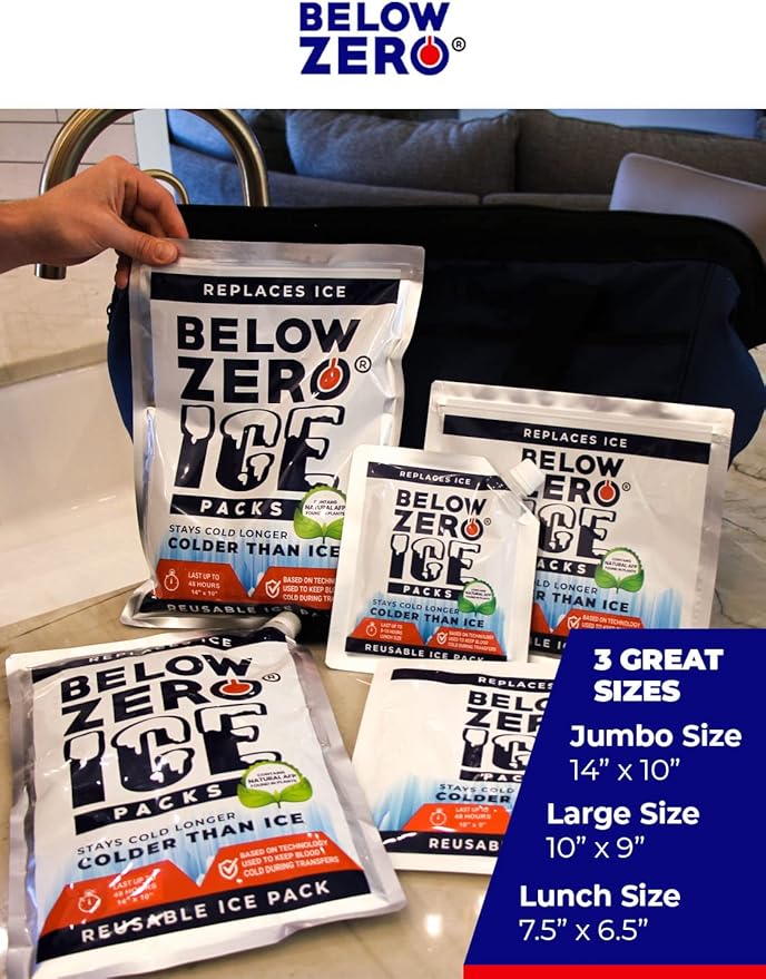 Below Zero Reusable Ice Packs for Coolers – Long Lasting Cooler Ice Pack Blocks, Leak-Proof Freezer Packs for Camping, Lunch Boxes & Travel