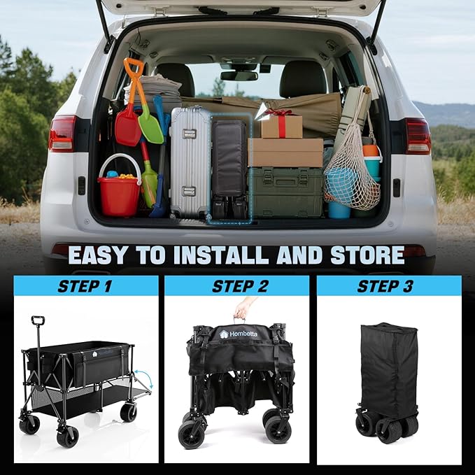 400L Folding Double Decker Wagon, 560LBS Heavy Duty Utility Cart with Brakes, Wagon Cart with Wheels Foldable, All-Terrain Big Wheels for Camping, Beach, Picnic, Outdoor Use, Black