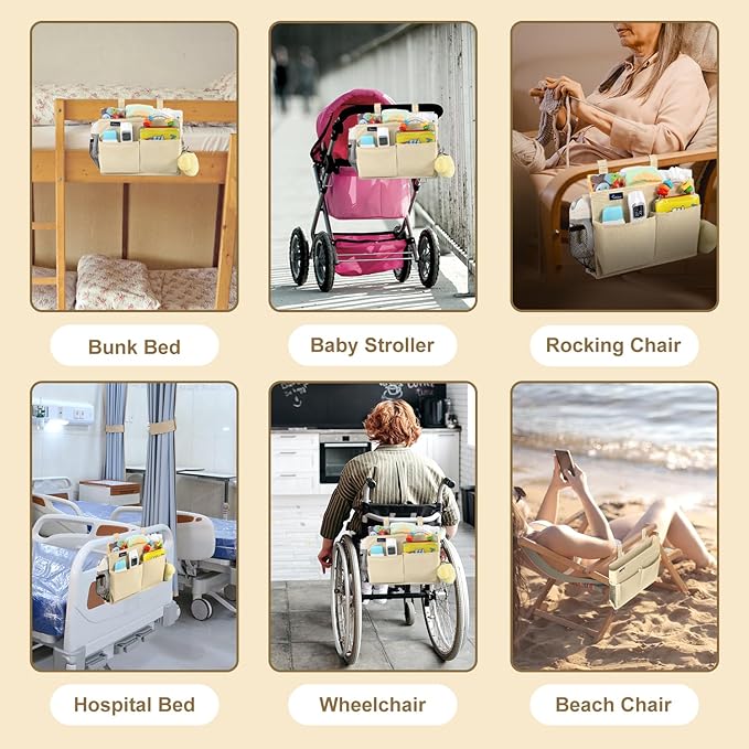 Surblue Bedside Caddy Hanging Organizer Storage Bag Pocket for Bunk, Hospital, College Dorm Rooms, Baby Bed Rails, Camp - 8 Pockets, Large, Beige
