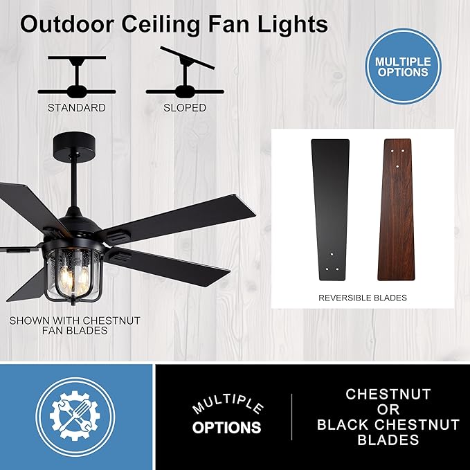 52 Inch Outdoor Ceiling Fan,IP65 Waterproof and Moisture-Proof Ceiling Fan,with Light and Remote Control,6-Speed Reversible DC Motor,Suitable for Pavilions and Terraces.Black