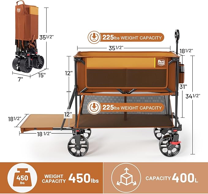 TIMBER RIDGE 400L Large Capacity Folding Double Decker Wagon with Brakes, 54" Extra Long Extender Wagon Cart, 450lbs Heavy Duty Collapsible Cart, All-Terrain Big Wheels for Camping, Sports, Shopping