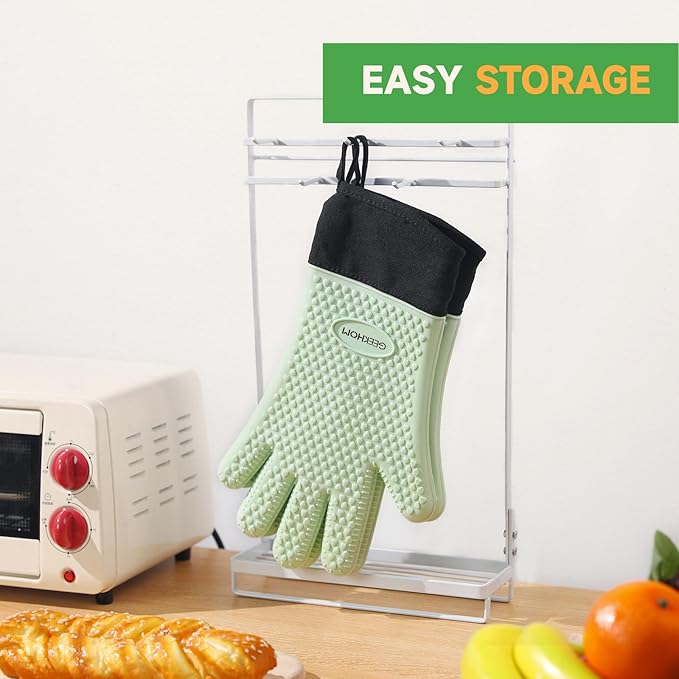 GEEKHOM BBQ Gloves Heat Resistant Oven Mitts - Silicone Grilling Gloves with 14" Long Arm Protection - Waterproof Pot Holder Non-Slip for Men & Women, Kitchen Cooking, Baking, Camping, Mint Green