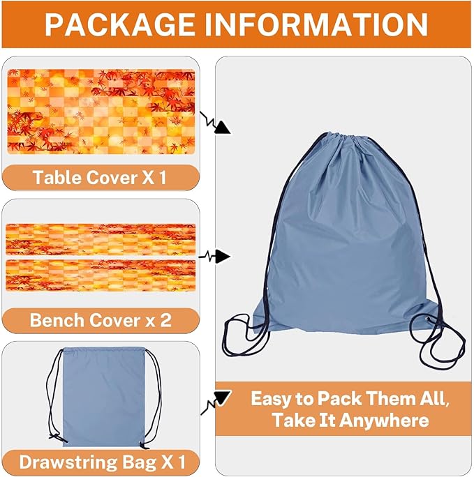Picnic Table Cover with Bench Covers Elastic Edges, Fall Fitted Table Cover, Outdoor Patio Camping Essentials 72 Inch 3PCS, Waterproof Camping Fitted Tablecloth with Drawstring Bag