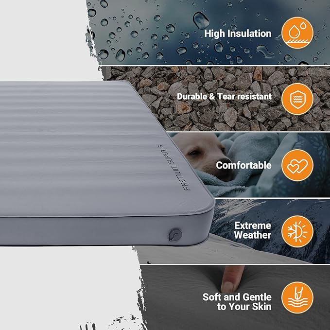 KingCamp Self Inflating Camping Pad, Ultra 6" Thick or Ideal 3" Thcik High R Value Air & Foam Camping Mattress, Full Size Double Sleeping Pad 2 Person for Camp Tent Outdoor Car, Multi Colors, PVC Free