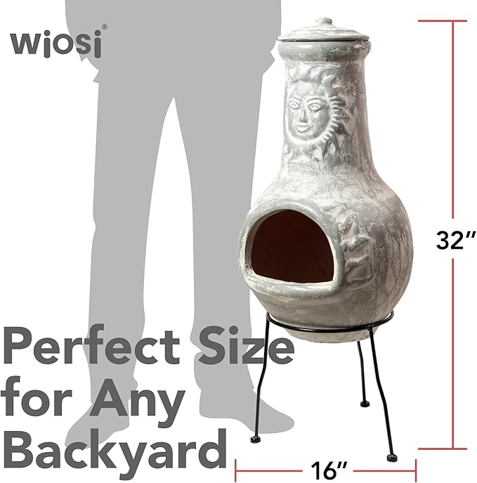 Wiosi Medium Chiminea Outdoor Fireplace Grey Clay Chimineas with Chimney Rain Lids and Solid Metal Stands - Grey Terracotta Chimenea - Rustic Fire Pit Chimnea 16 x 16 x 32-inch
