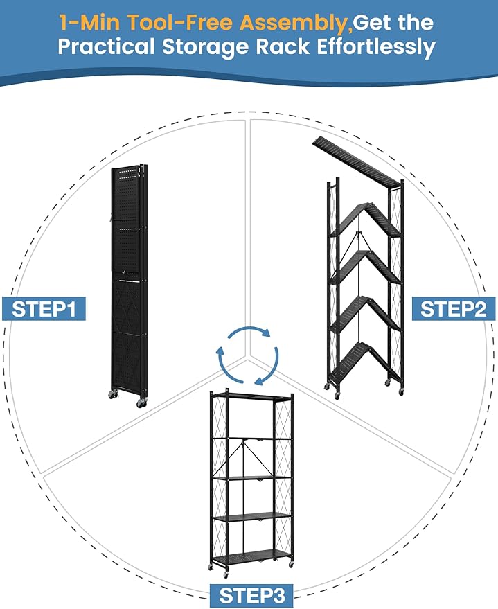 ALANNG 70.7" H Metal Storage Shelves, 5 Tier Folding Shelf on Wheels, Heavy Duty, No Assembly, Rolling, Collapsible Rack Unit for Kitchen, Basement, Pantry (Black,3 Pack)