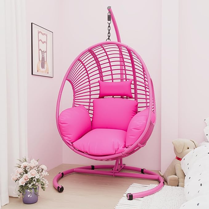 Hanging Egg Chair with Stand - Egg Swing Chair Outdoor Indoor Patio Wicker Chair Swing Hammock Egg Chairs 400lbs Capacity for Outside Patio, Bedroom, Garden and Balcony(Pink, 1PC)