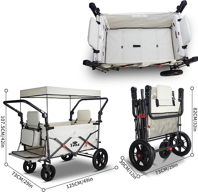 TMZ Foldable Wagon with Canopy, Collapsible Folding Wagon with Adjustable Handle Bar, Multi Functional Cart with Expansion Accessories, Front Expandable Transport Camping Wagon(Beige)