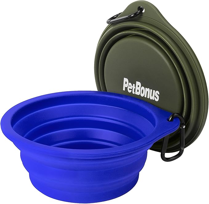PetBonus 2-Pack Large Silicone Collapsible Dog Bowls, 34oz/1000ml BPA Free Portable Foldable Travel Bowl for Pet Cat, Food Water Feeding Dish for Camping with 2 Carabiners (Army Green, Blue)