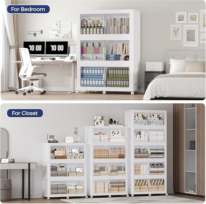 200GAL Extra Large Storage Bins with Lid, 800Qt Stackable Closet Organizers and Drawers, Collapsible Storage Bins with Wheels, Folding Storages Cabinet for Home Bedroom Office, 5Pack White