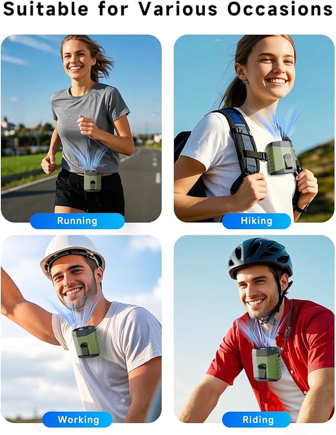 2025 Smart Portable Rechargeable Fan with LED Light & 25H Runtime, 4-Speed 9200RPM Turbo Cooling Personal Waist Fan, Wearable Neck & Belt Clip for Camping, Outdoor, Hiking - Green