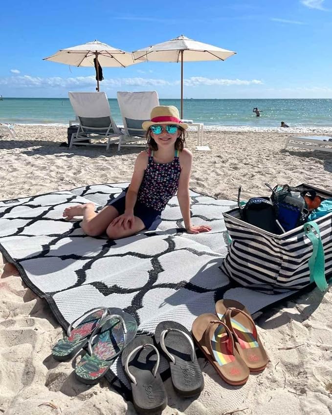 5x7 Black Lattice RV Mat w Carry Bag – Extra Thick 5mm Recycled Poly Rug – Heavy-Duty, Waterproof, Reversible – Stylish Luxury Outdoor Mat Camping (Black Lattice with Carry Bag, 5'x7')