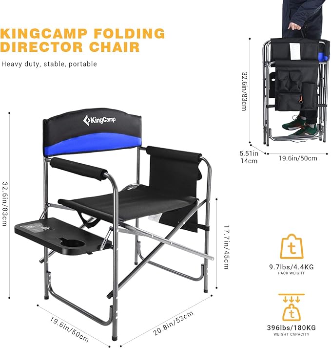 KingCamp Heavy Duty Camping Director Chair, Folding with Side Table & Storage, Blue