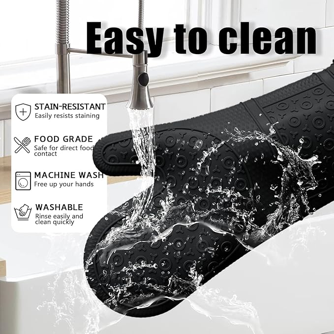 Oven Mitts with Heat-Resistant Hot Pads and Five Silicone Spatulas Designed for Kitchen Baking Cooking, Oven Glove Soft Cotton Lining, Waterproof, BPA-Free (Black, 12.6)