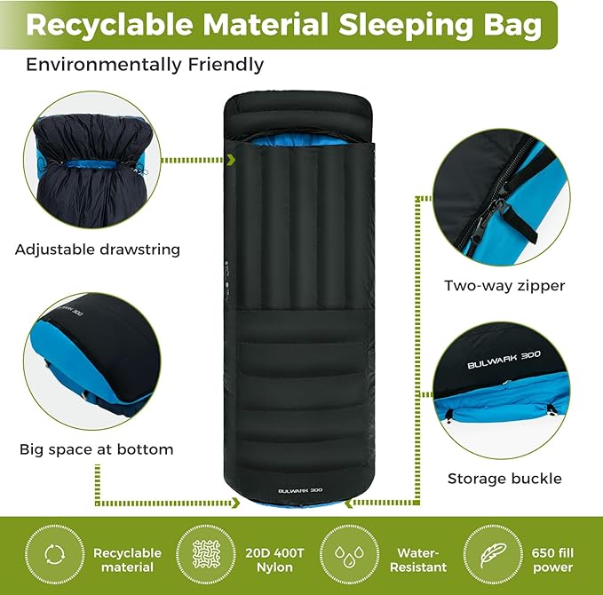 ATEPA Down Sleeping Bag, Recycled 650FP 4 Season Summer & Winter Compact Rectangle Lightweight Waterproof Wearable Sleeping Bag with Compression Sack for Camping Backpacking Hiking