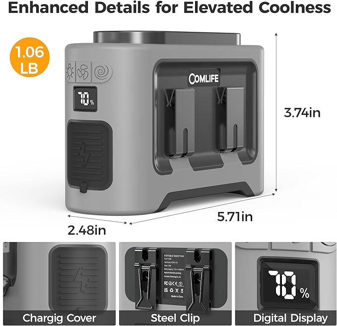 14500mAh Portable Waist Fan Clip On Belt- Rechargeable Battery Operated,Max 40H Cooling,5 Speed 14600RPM,Dual Air Vent, Hands-free Shirt Neck Fan With Light for Outdoor Jobsite Camping Traveling