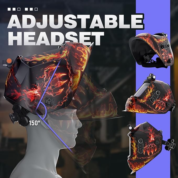 3.93"X3.66" Large Viewing 1/1/1/1 True Color Welding Helmet with Light, 4 Arc Sensor Auto Darkening Welding Hood, Wide Shade 4/5-9/9-13 for TIG MIG Arc Weld Grinding Welder Mask Flame Skeleton