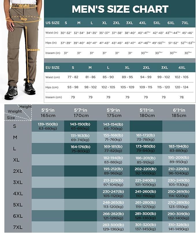 Wespornow Men's-Convertible-Hiking-Pants Quick Dry Lightweight Zip Off Breathable Cargo Pants for Outdoor, Fishing, Safari