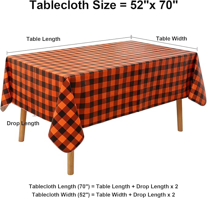 misaya Rectangle Waterproof Vinyl Table Cloth, Buffalo Flannel Backed Tablecloth, Wipeable Plastic Table Cover for Dinner, Kitchen, Picnic (52" x 70", Orange and Black)