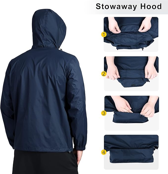 Outdoor Ventures Men's Rain Jacket Waterproof Lightweight Packable Rain Shell Raincoat with Hood for Golf Hiking Travel