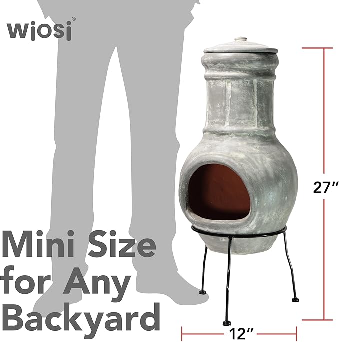Wiosi Small Chiminea Outdoor Fireplace Grey –Clay Chimineas with Chimney Rain Lids and Solid Metal Stands - Mini Terracotta Chimenea – Rustic Fire Pit Chimnea 12 x 12 x 27-inch