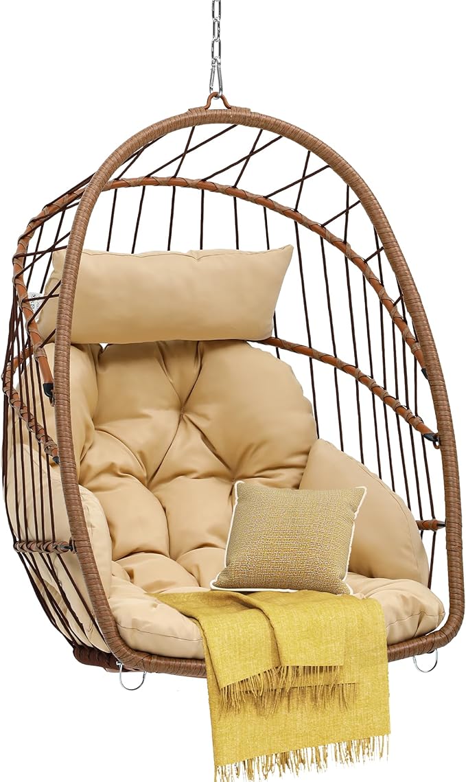 DWVO Egg Chair Without Stand, Basket Chair Hanging Outdoor Rattan Wicker Patio Hammock Indoor Egg Chair with Cushion, Hanging Swing Chair 300lbs for Porch, Garden, Bedroom, Balcony, Beige