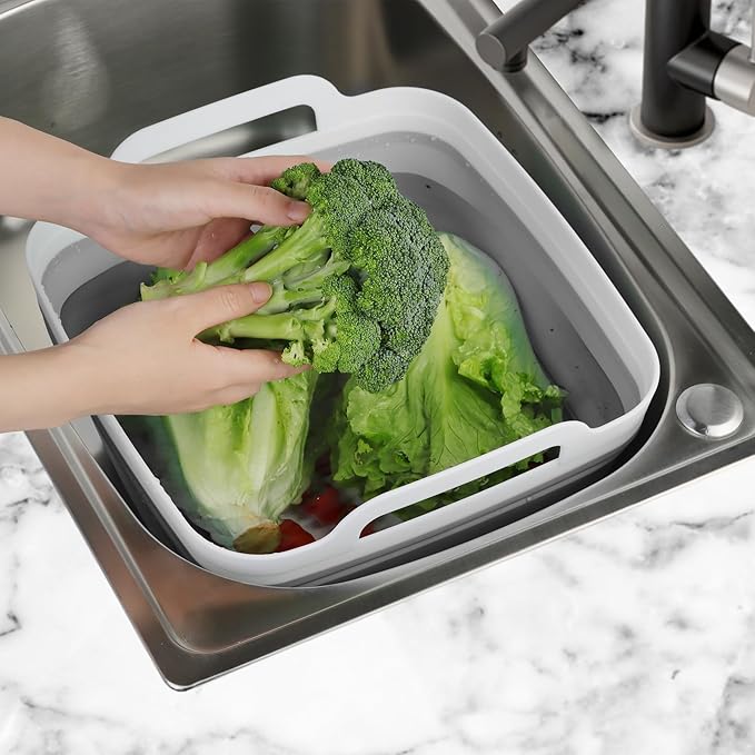 Dishpan for Washing Dishes, 2.4Gal/9L Wash Basin with Draining Plug Carry Handles, Collapsible Bucket for Cleaning, Portable Sink, Foldable Plastic Tub