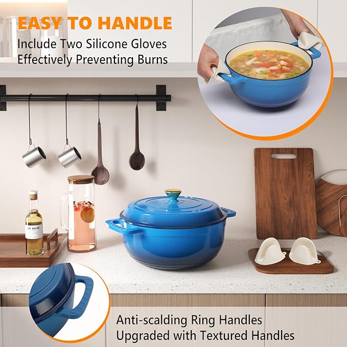 BONNLO 6QT Round Dutch Oven, Enameled Cast Iron Dutch Oven Pot with Lid & Dual Handles, Oven Safe Up to 500° F, for Sourdough, Bread Baking, Stews and Roasting (Blue)