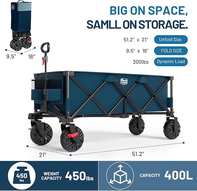 TIMBER RIDGE 51.2" Extended Collapsible Wagon - Heavy-Duty Utility Cart with All-Terrain Wheels, Brakes & Cargo Net, 400L Capacity for Camping, Sports & Shopping, Blue