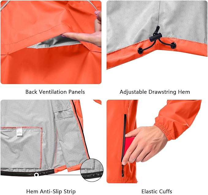 Men's Cycling Running Rain Jacket Lightweight Waterproof Biking Hiking Windbreaker Raincoat Reflective Packable