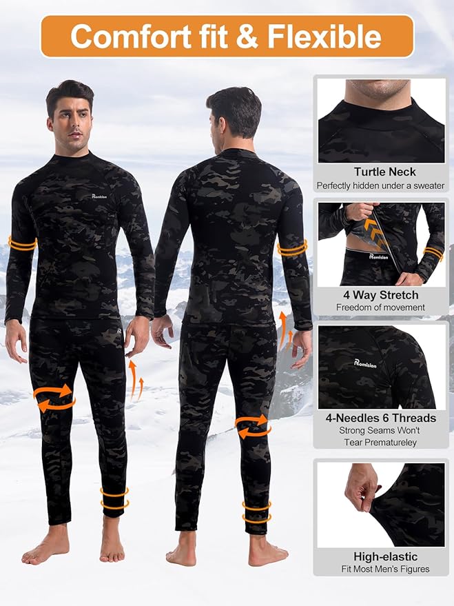 romision Thermal Underwear for Men Long Johns Fleece Lined Hunting Gear Bottom Top Set Base Layer for Cold Weather Gift