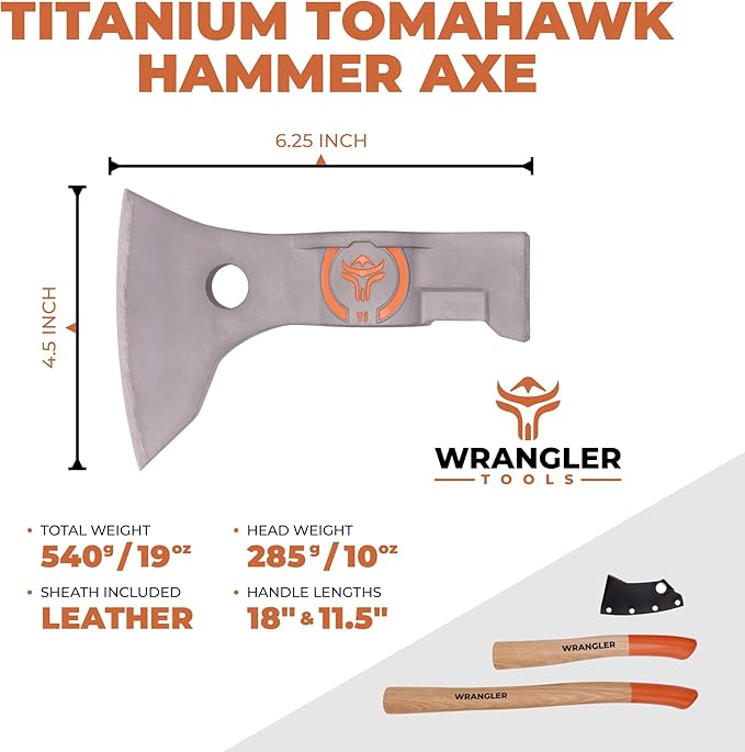 Wrangler Tools - Titanium Camping Axe - 18" & 11.5" Wood Hickory Handles - Tomahawk Axe Hammer End - 2-Piece Slip-Fit Design - Includes Blade Sheath and 2 Handles - Survival Axe