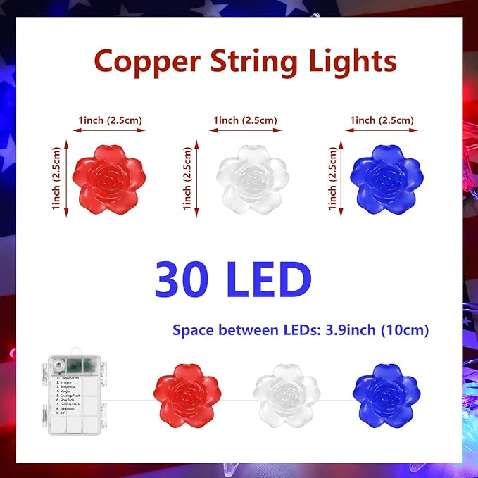 4th of July Decorations Rose Fairy Lights, 30 LED Red White Blue Rose String Lights with Remote Control Patriotic Lights for Memorial Day, Independence Day, Christmas Decor (Rose)