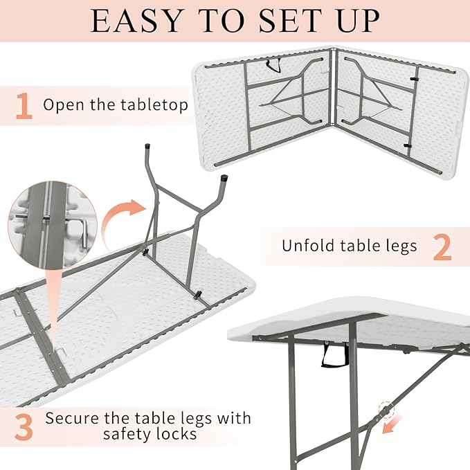 Set of 2 Folding Tables with Carrying Handle Heavy Duty Rectangular Portable Plastic Camping Table Steel Legs for Party, Dining, Wedding, Events, Picnic Indoor, Outdoor (8FT, White)