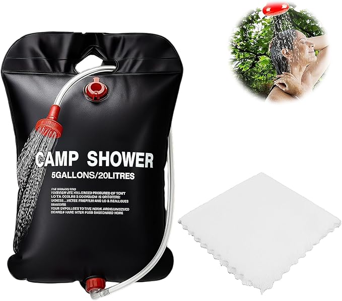5 GallonsSolar Shower Bag with a Cotton Towel, 20L Portable Solar Heating Camping Shower Bag for Outdoor Traveling Hiking Summer Shower, Cold & Hot Water Hiking Climbing (Black)