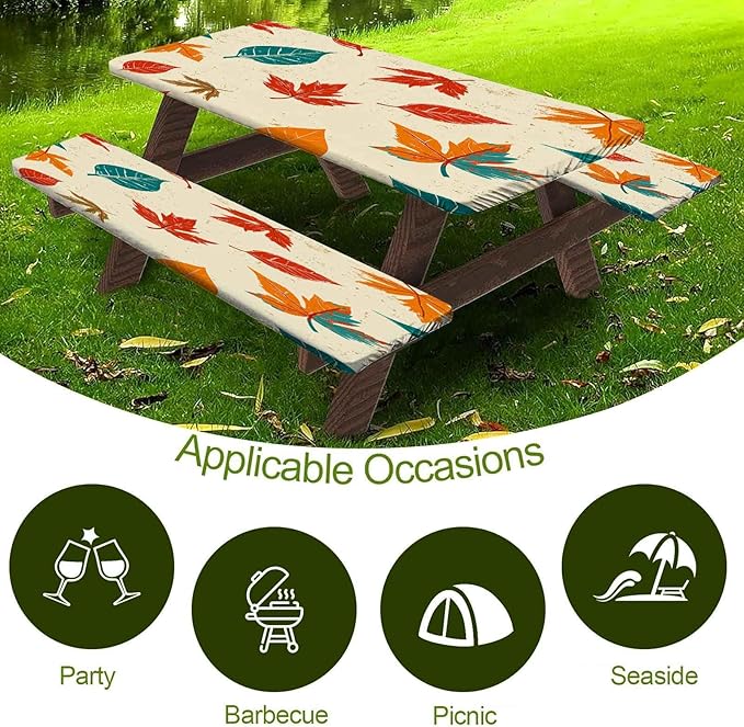 CAPSCEOLL Elastic Picnic Table Cover with Bench Covers 5Ft Waterproof Fitted Picnic Table Cover Cloths for Outdoors Camping Tablecloth with Drawstring Bag, 60X30in, Maple Leaf