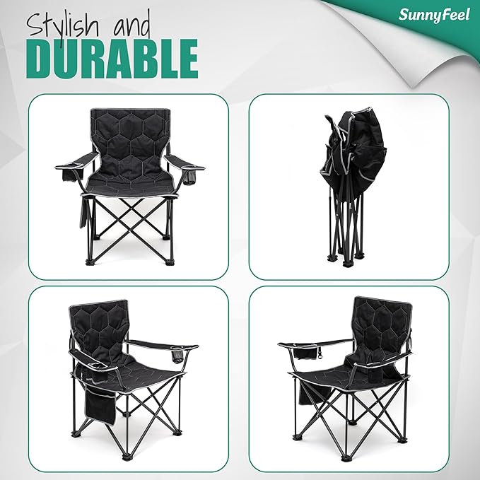 SUNNYFEEL Oversized Folding Camping Chair 2 Pack 500 LBS Heavy Duty Lawn Chairs with Black Portable Folding with Armrest, Cup Holder, Pocket &Bag for Outdoor Camping/Beach/Travel/Picnic/Fishing