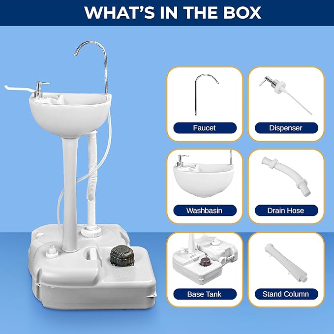 SereneLife Portable Hand Wash Sink, 24L Waste Tank, Rolling Wheels, Quick Assembly Outdoor Sink With Hands Free Foot Pump and Soap Dispenser, Ideal for Outdoor Events, Camping, Boating and Worksites