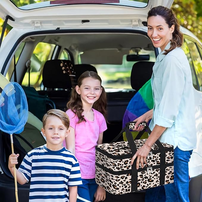 Double Insulated Casserole Carrier, Portable Casserole Carrier for Hot or Cold Food Lunch Tote Warmer or Cooler Bag, Lasagna Lunch Bag for Potluck Parties- Fits 9" x 13" Baking Dish-Leopard