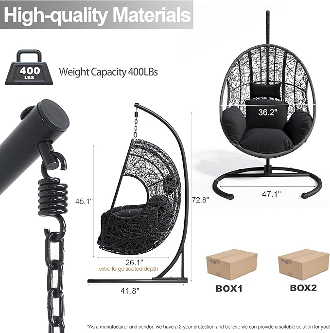 Hanging Egg Chair with Stand - Egg Swing Chair Outdoor Indoor Patio Wicker Chair Swing Hammock Egg Chairs 400lbs Capacity for Outside Patio, Bedroom, Garden and Balcony (Grey-Nest, 1PC)