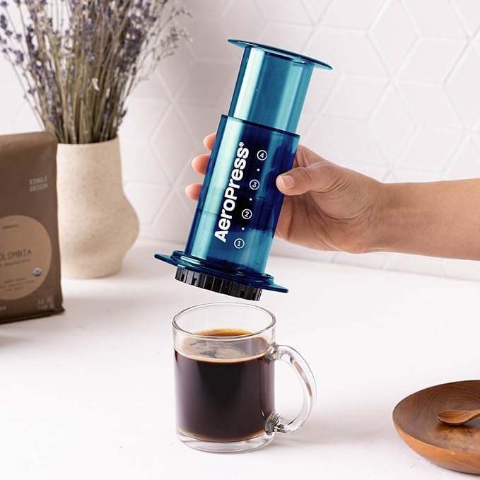 AeroPress Clear Blue Coffee Press – 3 In 1 Brew Method Combines French Press, Pourover, Espresso, Full Bodied Coffee Without Grit or Bitterness, Small Portable Coffee Maker for Camping & Travel-Blue