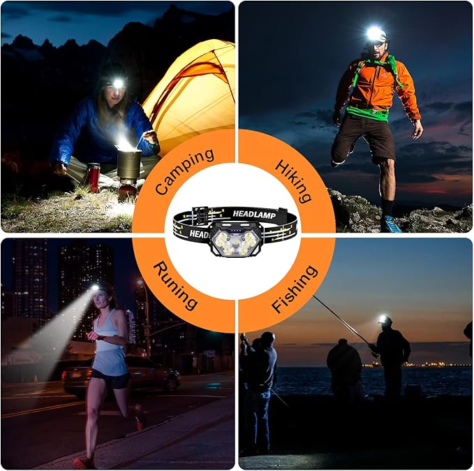 9 LED Headlamp Rechargeable 2 Pack, 2000 Lumens Super Bright Head Lamp with Red Light, 10 Modes, Motion Sensor and Adjustable, IPX5 Waterproof Headlight for Camping Hiking Running