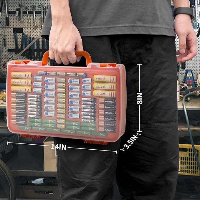 Battery Organizer Storage Holder Box Case with Tester- 269 Batteries Double-Sided Variety Pack, Holds AA AAA 4A C D Cell 9V 3V Lithium LR44 CR2 CR123 CR1632 18650 Button- Orange (Box Only)