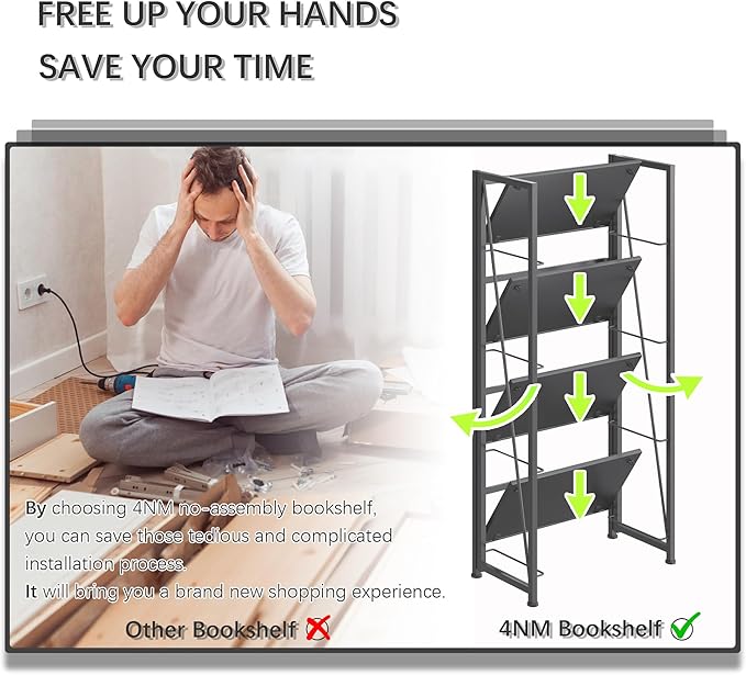4NM No-Assembly Folding Bookshelf Storage Shelves 4 Tiers Vintage Bookcase Standing Racks Study Organizer Home Office (All Black)