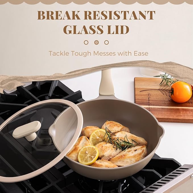 Nonstick Deep Frying Pan with Glass Lid, 12 Inch (4.8 qt), 5X Durable Nonstick Sauté Pan, Scratch & Stain Resistant, PFOA Free, Induction Compatible, Dishwasher & Oven Safe, Natural Linen