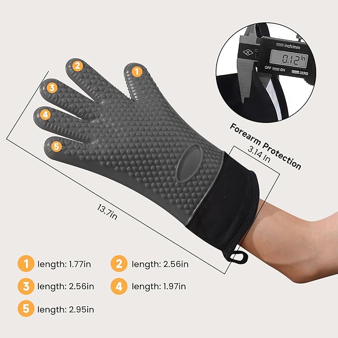 GEEKHOM BBQ Gloves Heat Resistant Oven Mitts - Silicone Grilling Gloves with 13.7" Arm Protection - Waterproof Pot Holder Non-Slip for Men & Women, Kitchen Outdoor Cooking, Baking, Camping, Gray