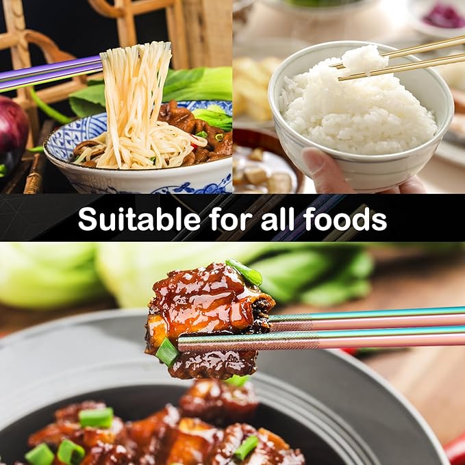 8 Pairs Metal Chopsticks Reusable Multicolor Stainless Steel Chopsticks Set Laser Engraved Non-slip Japanese Korean Chinese Chopstick for Cooking Eating Dishwasher Safe 9.25" Chop Sticks Gift Set