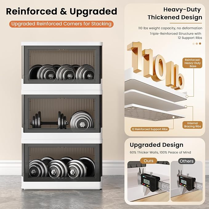 8.4Gal Collapsible Storage Bins with Lids & Wheels - 2 Pack Stackable with Doors, Heavy-Duty Plastic Containers for Home/Office, White